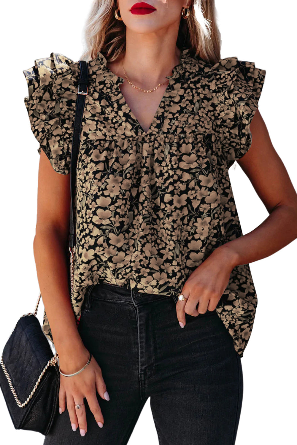 Floral Print Tiered Ruffle Sleeve V Neck Boho Top