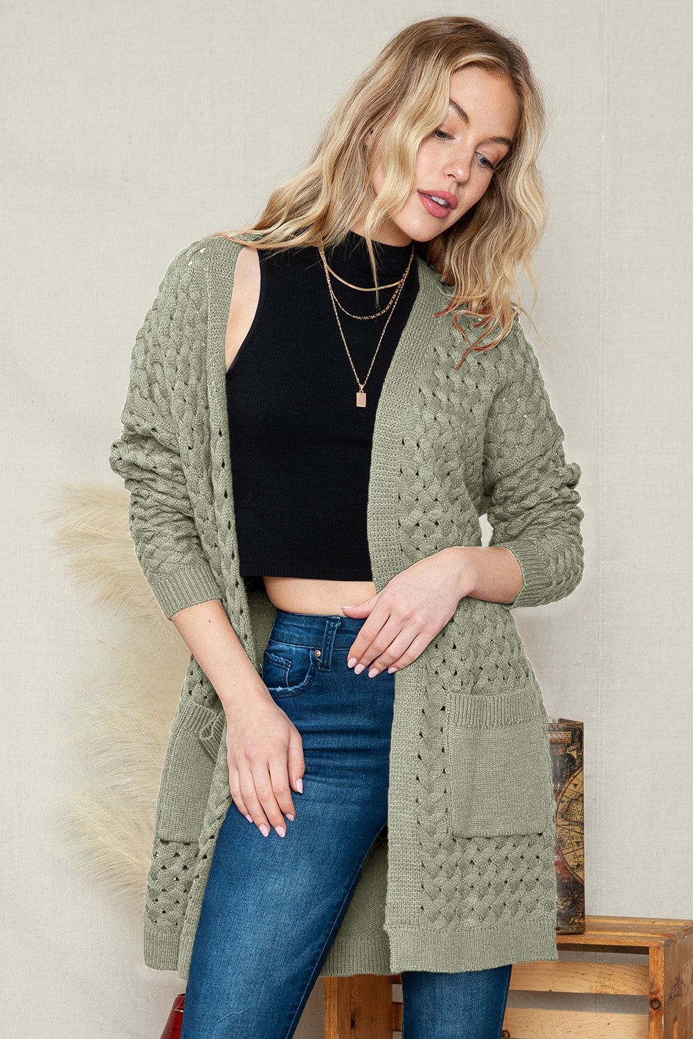 Brown Woven Texture Open Front Pockets Knit Cardigan