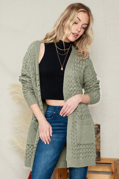 Brown Woven Texture Open Front Pockets Knit Cardigan