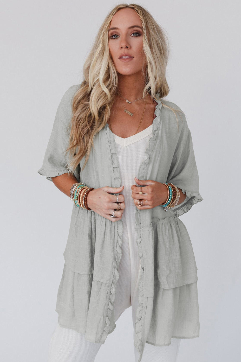 Green Ruffled Trim Short Sleeve Open Front Kimono