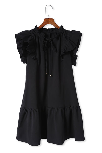 Tiered Ruffled Drawstring V Neck Short Dress With Pockets