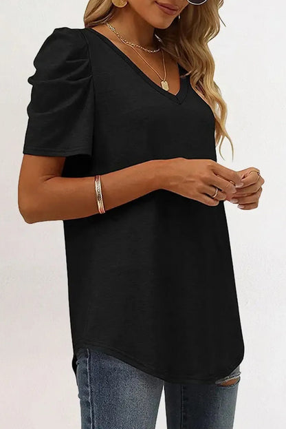 Puff Sleeve Casual V Neck T-Shirt