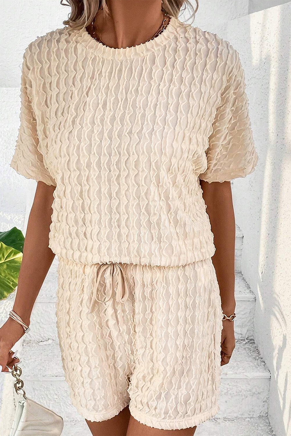 Frill Textured Tee and Drawstring Shorts Set
