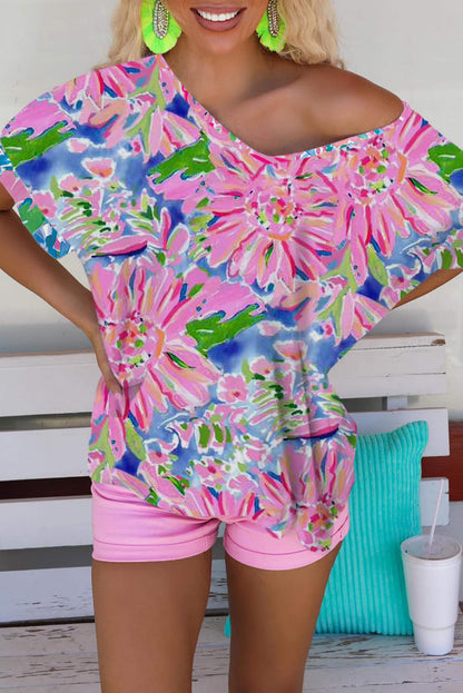 Abstract Floral Print Split V Neck Short Sleeve Blouse