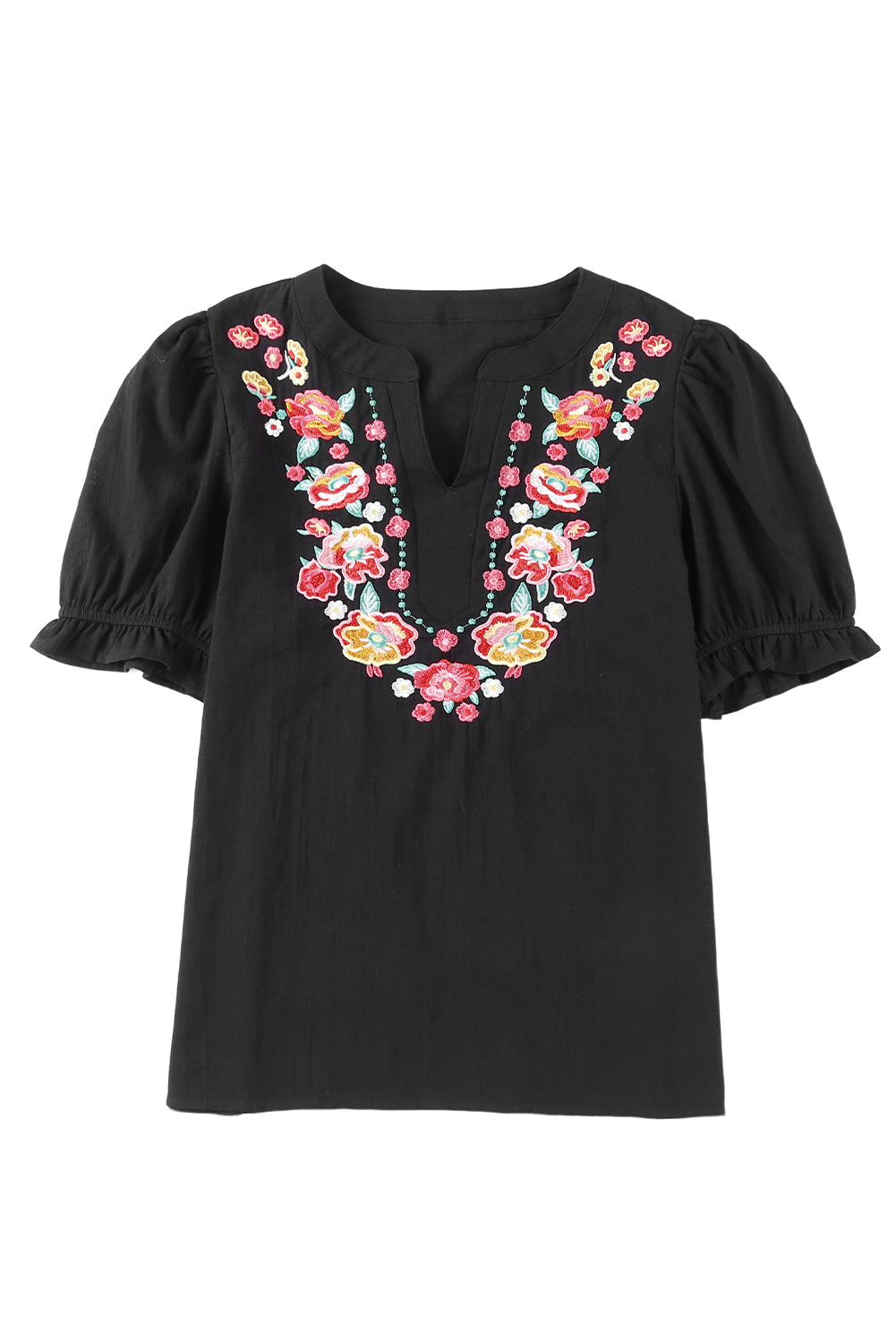 Floral Embroidered Boho Ruffle Puff Sleeve Blouse