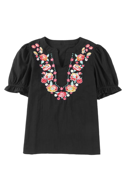 Floral Embroidered Boho Ruffle Puff Sleeve Blouse