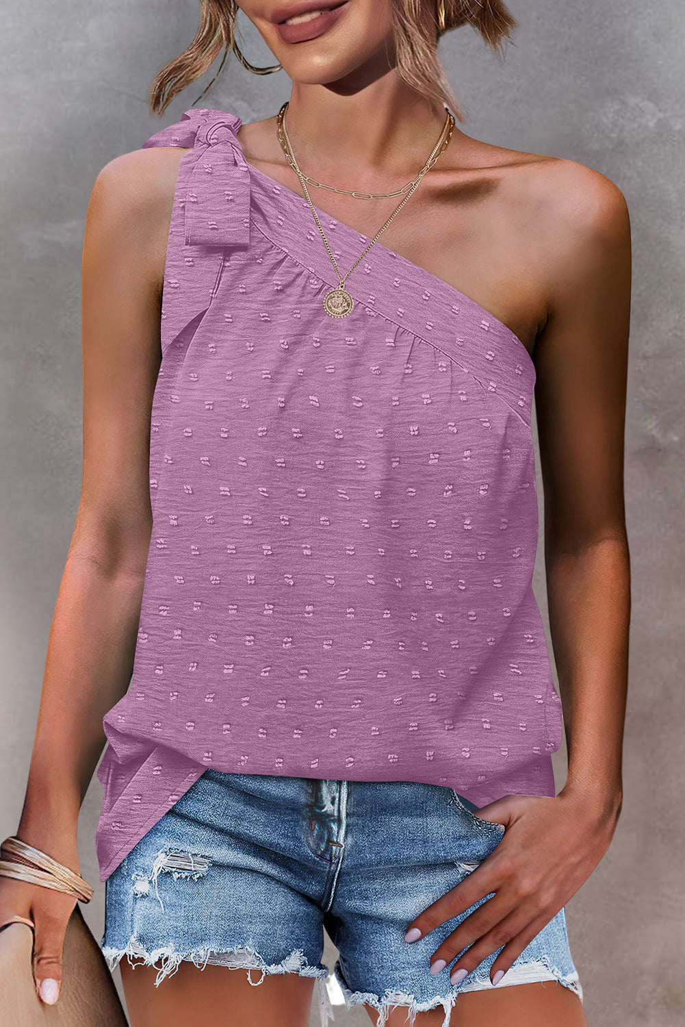 Swiss Dots Knot Asymmetric Neck Sleeveless Shirt