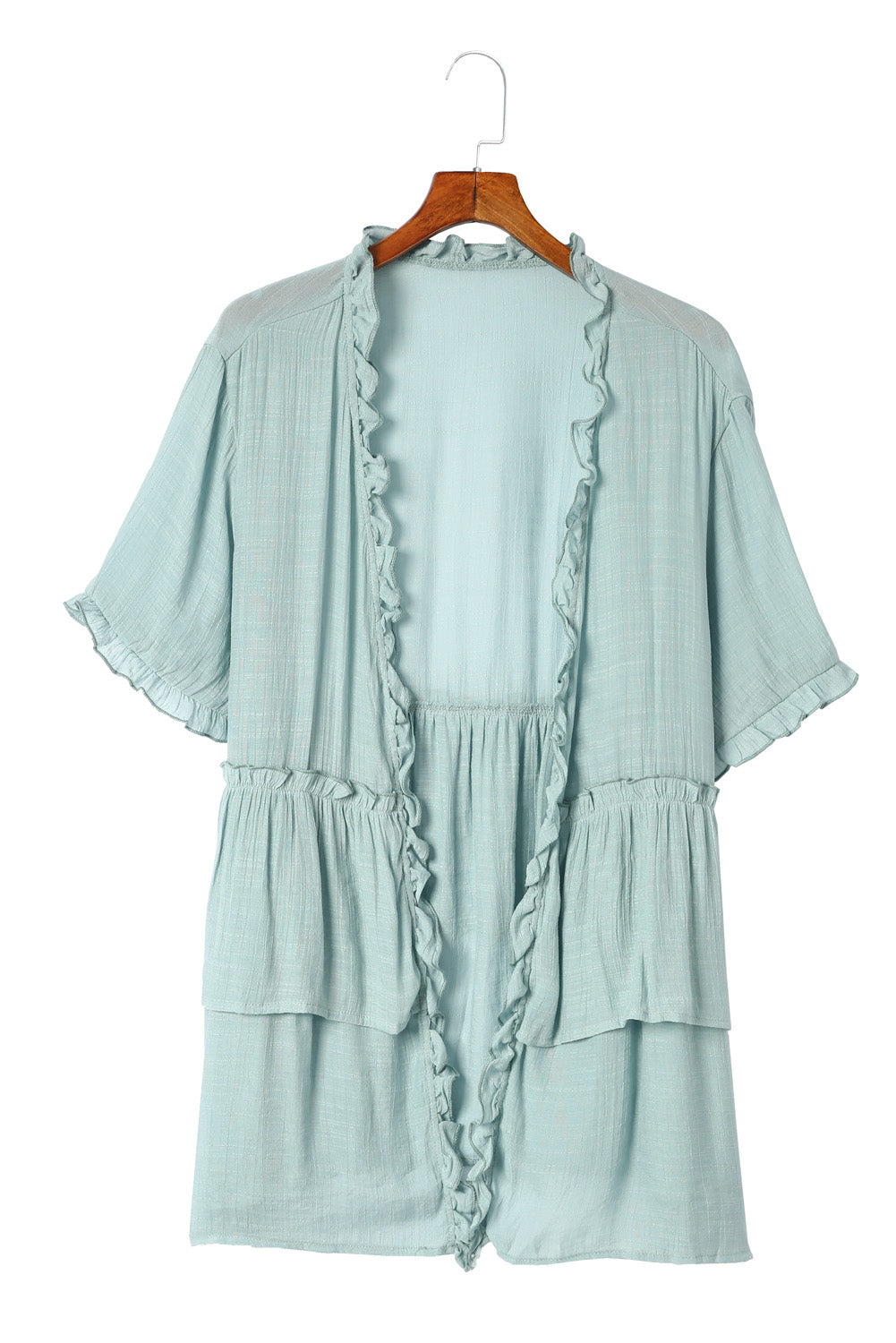 Green Ruffled Trim Short Sleeve Open Front Kimono