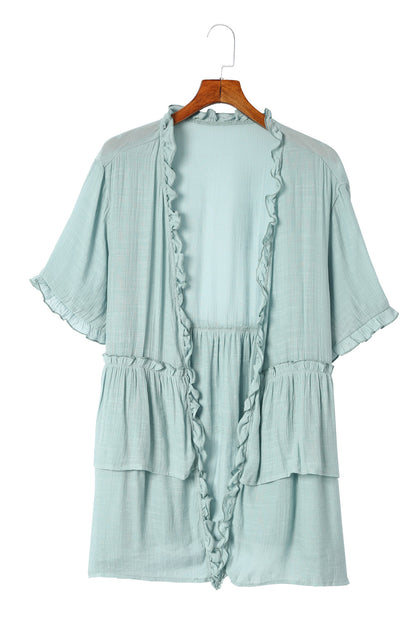 Green Ruffled Trim Short Sleeve Open Front Kimono