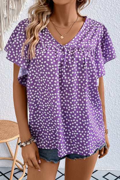 Blue Floral Print V Neck Ruffle Sleeve Blouse