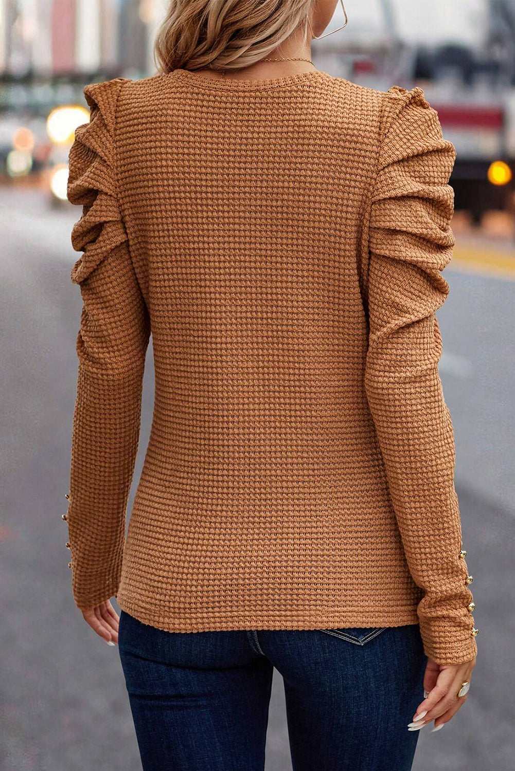 Solid Color Textured Ruched Long Sleeve Top