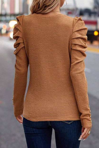 Solid Color Textured Ruched Long Sleeve Top