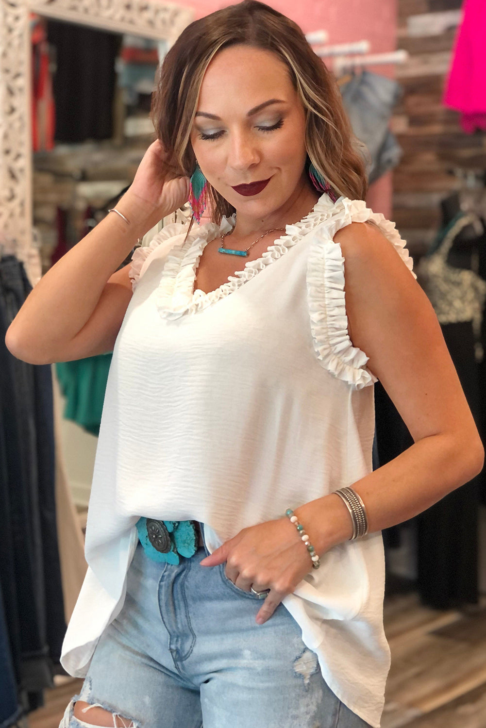 Plain Frilled Trim V Neck Sleeveless Shirt