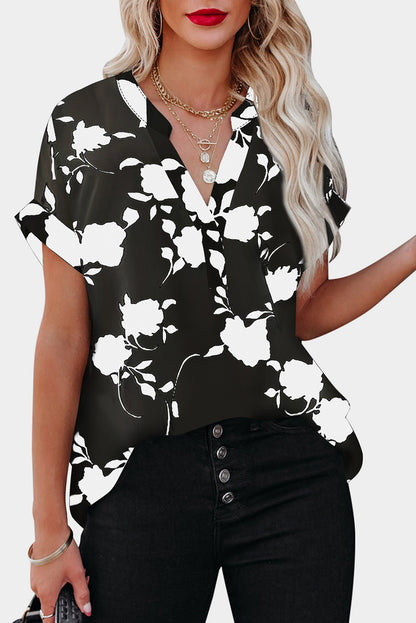 Floral Print Casual Roll Up Sleeve Blouse