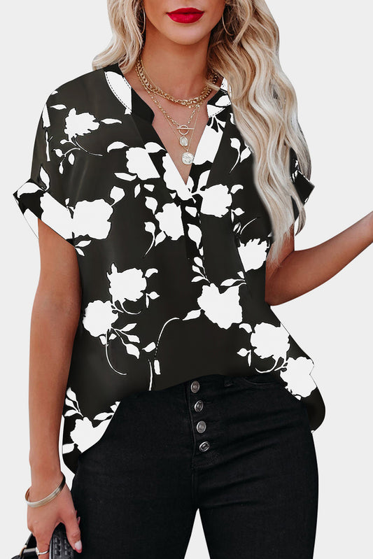 Floral Print Casual Roll Up Sleeve Blouse