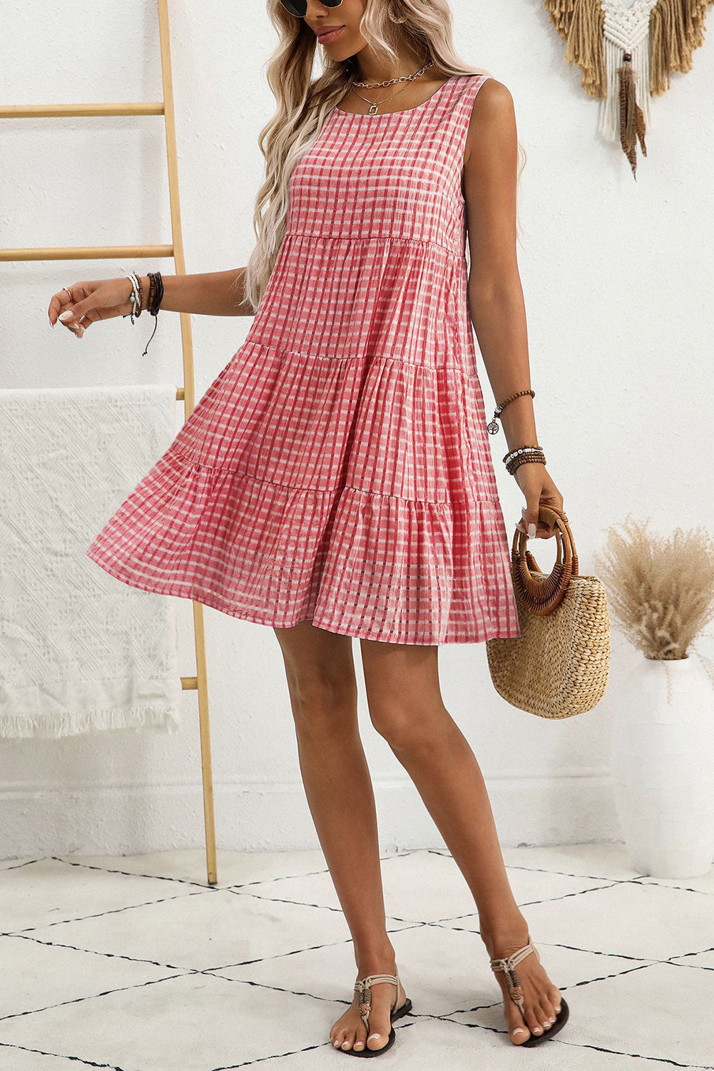 Pink Gingham High Waist Sleeveless Mini Dress