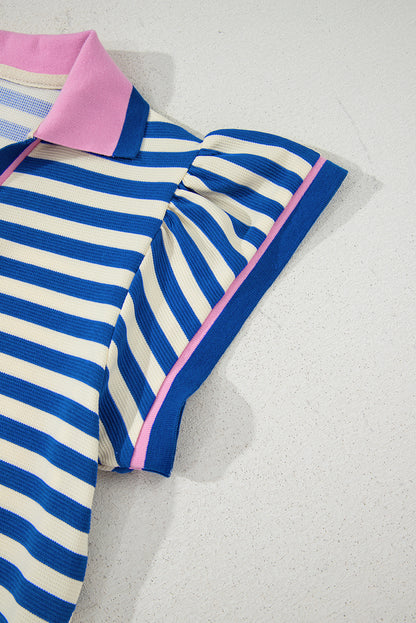 Sachet Pink Striped Ruffle Short Sleeve Pop of Color Neckline Dress