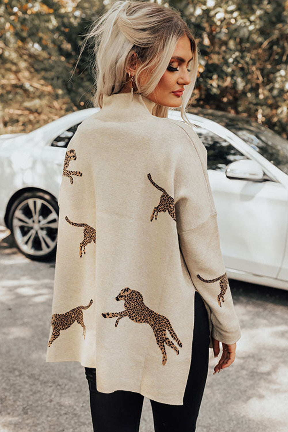 Cheetah Print High Neck Split Hem Sweater