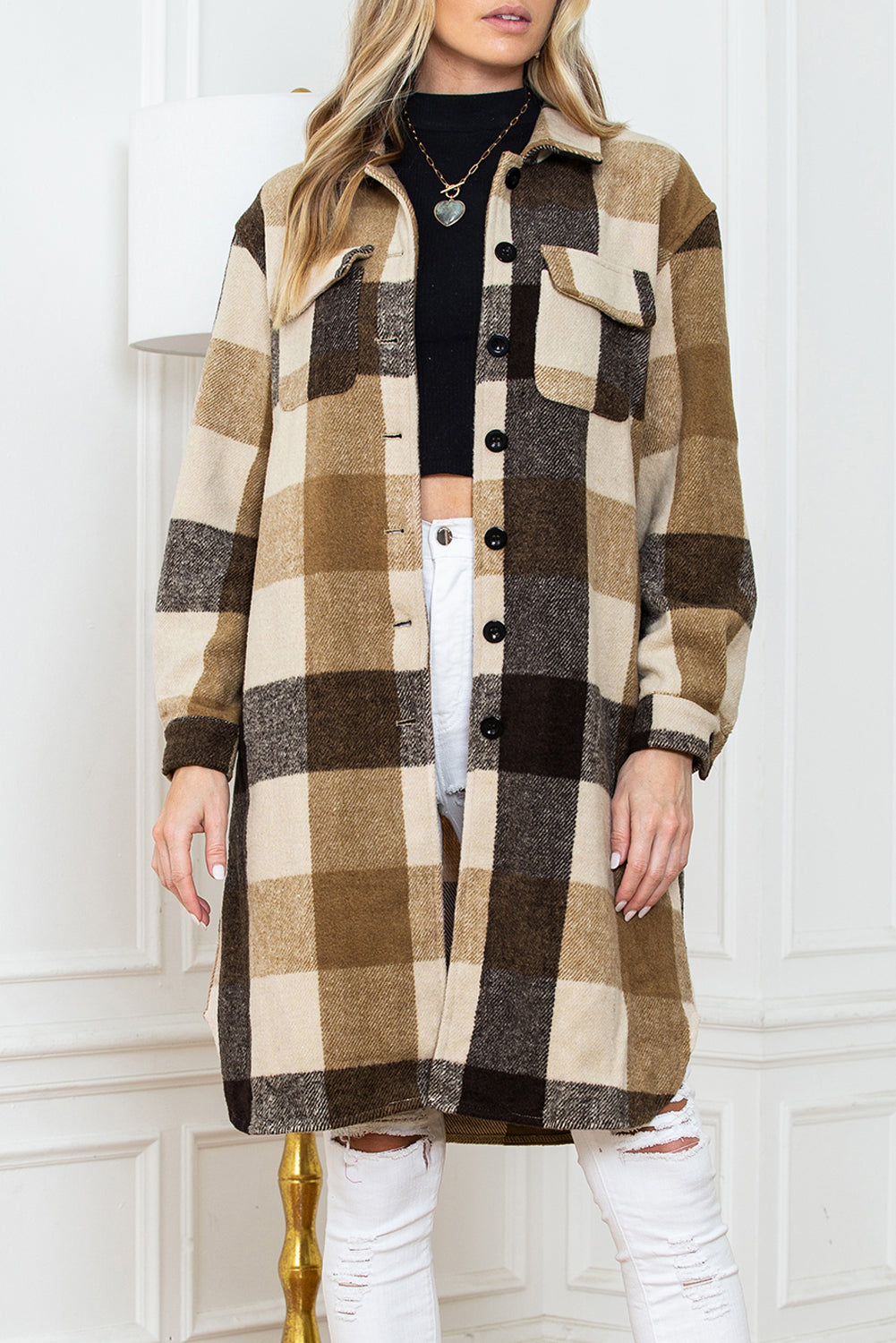 Khaki Plaid Colorblock Button Down Flap Pocket Long Shacket