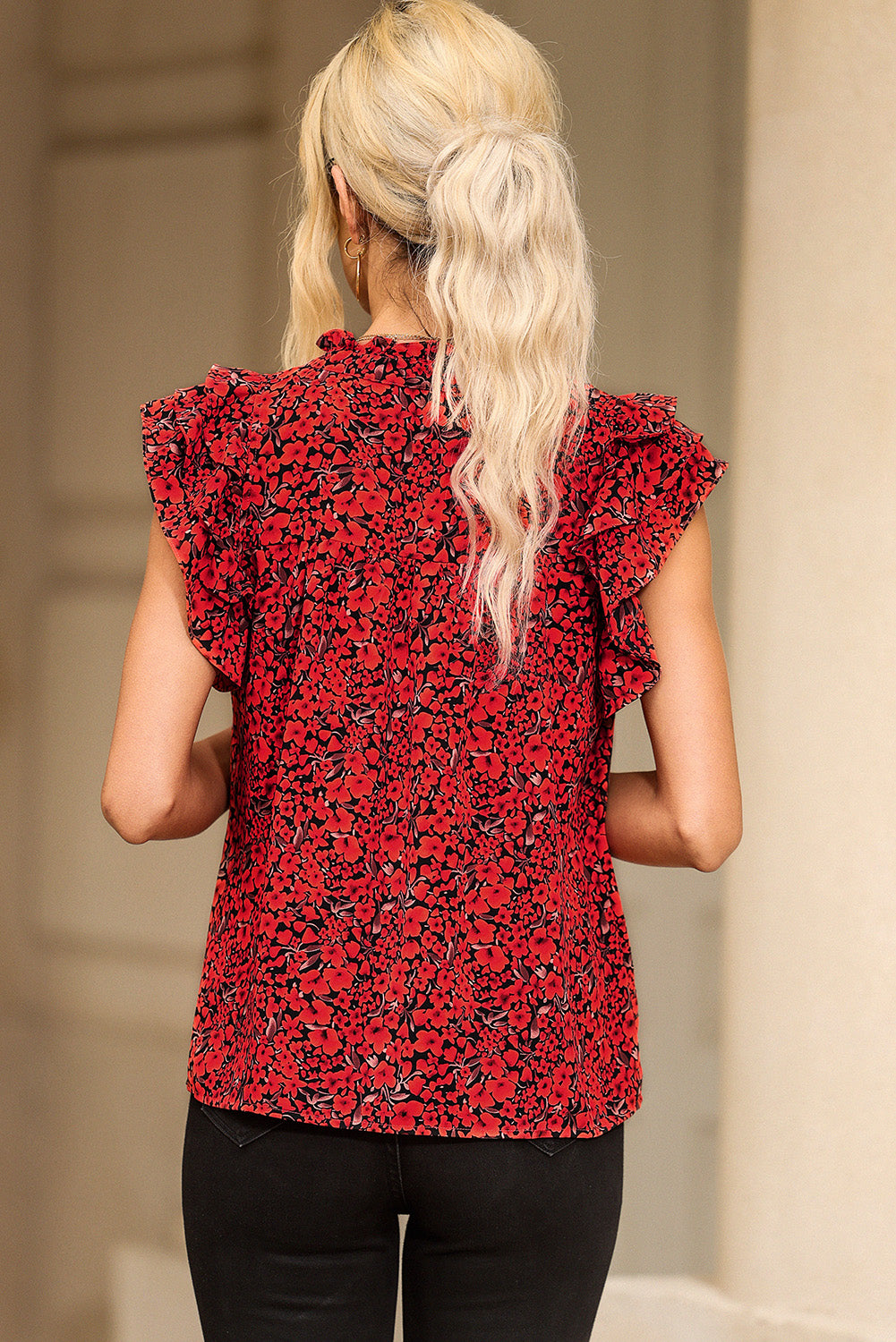 Floral Print Tiered Ruffle Sleeve V Neck Boho Top