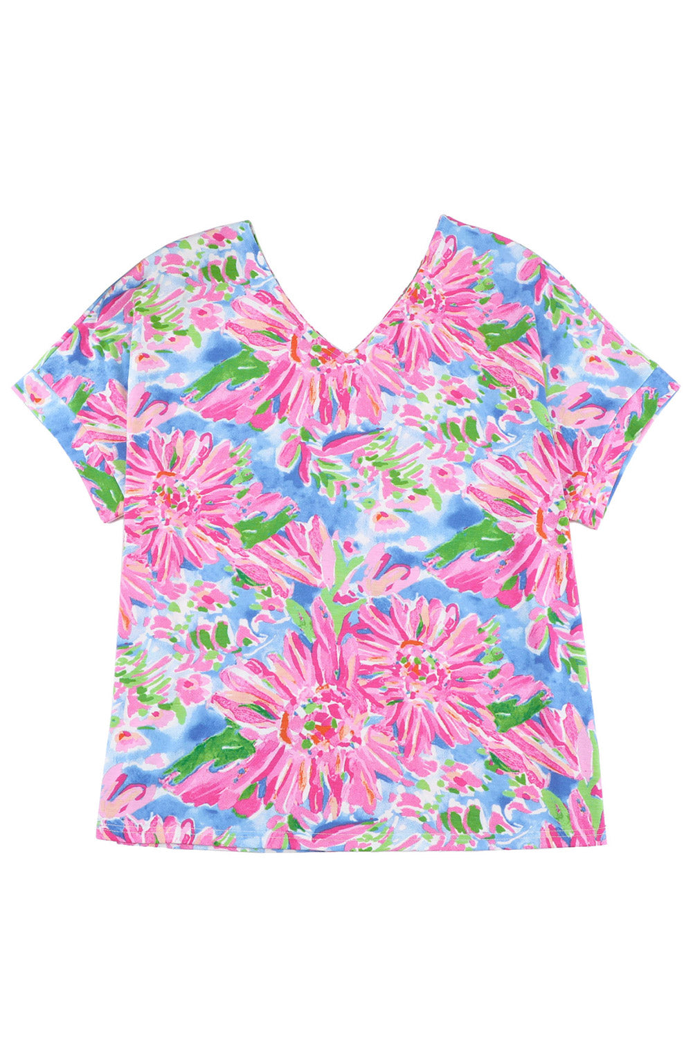 Abstract Floral Print Split V Neck Short Sleeve Blouse