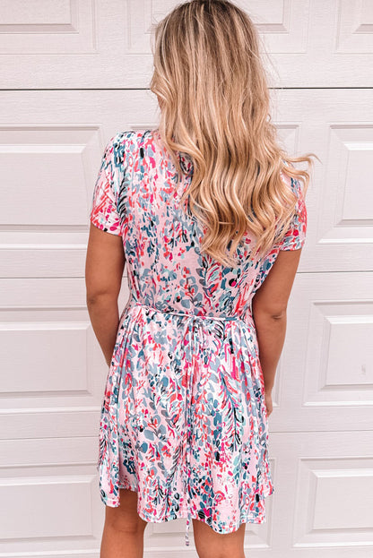 Abstract Print Wrap V Neck Flutter Sleeve Mid Length Summer Dress
