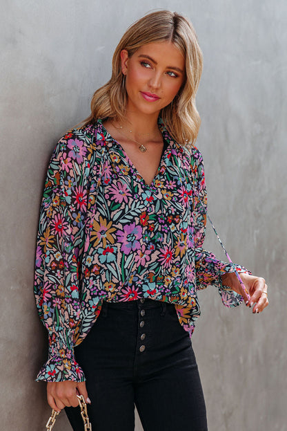 Multicolor Floral Boho Tie V Neck Peasant Blouse