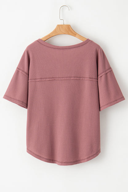 Rose Exposed Seam Drop Sleeve V Neck Waffle Textured Top