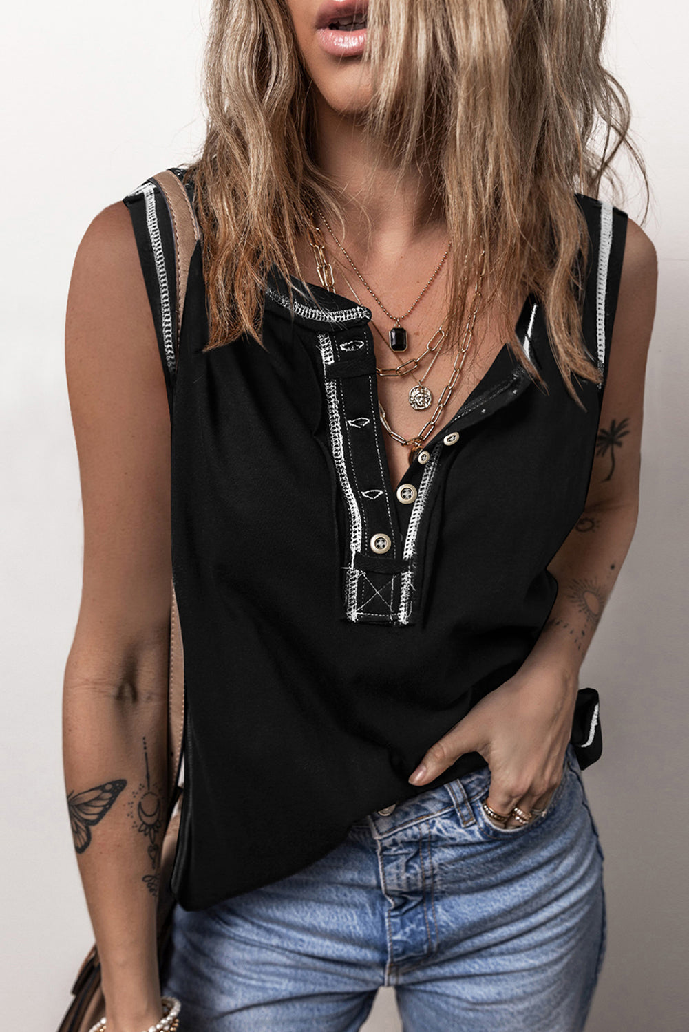 Contrast Stitching Exposed Seam Henley Tank Top