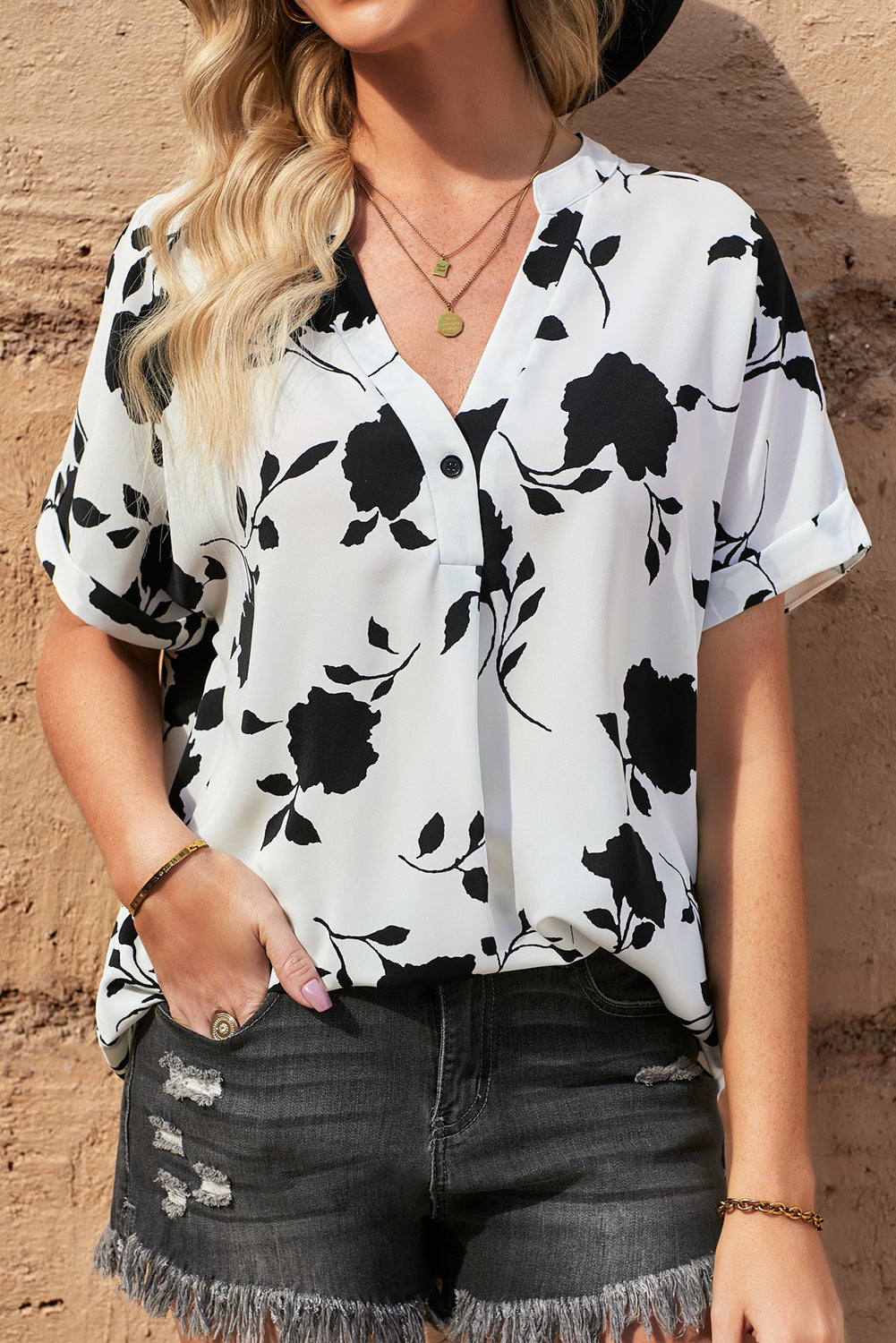 Floral Print Casual Roll Up Sleeve Blouse