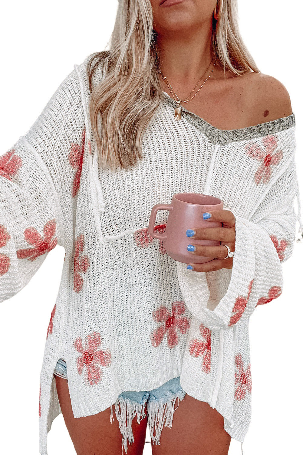 Apricot Floral Print Loose Knit Hooded Sweater