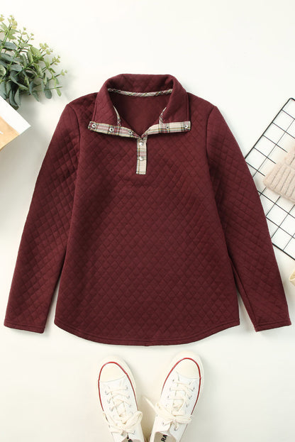 Plaid Geometric Texture Trim Buttons Neck Sweatshirt