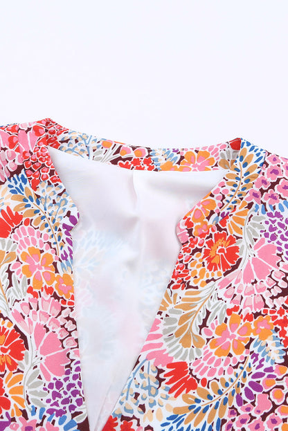 Multicolor Floral Print Smocked Cuffs Long Sleeve Blouse