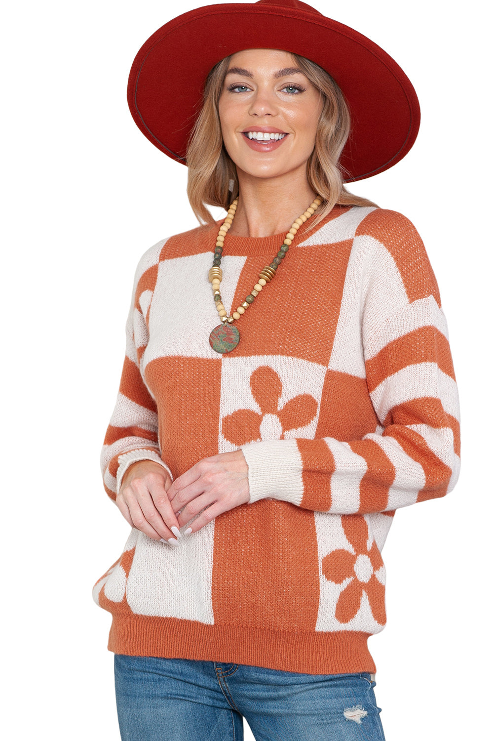 Orchid Petal Checkered and Striped Knitted Sweater