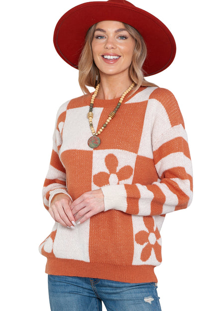 Orchid Petal Checkered and Striped Knitted Sweater