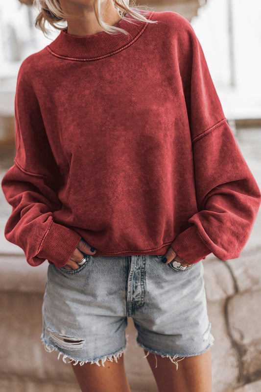 Red Drop Shoulder Crewneck Washed Pullover Sweatshirt