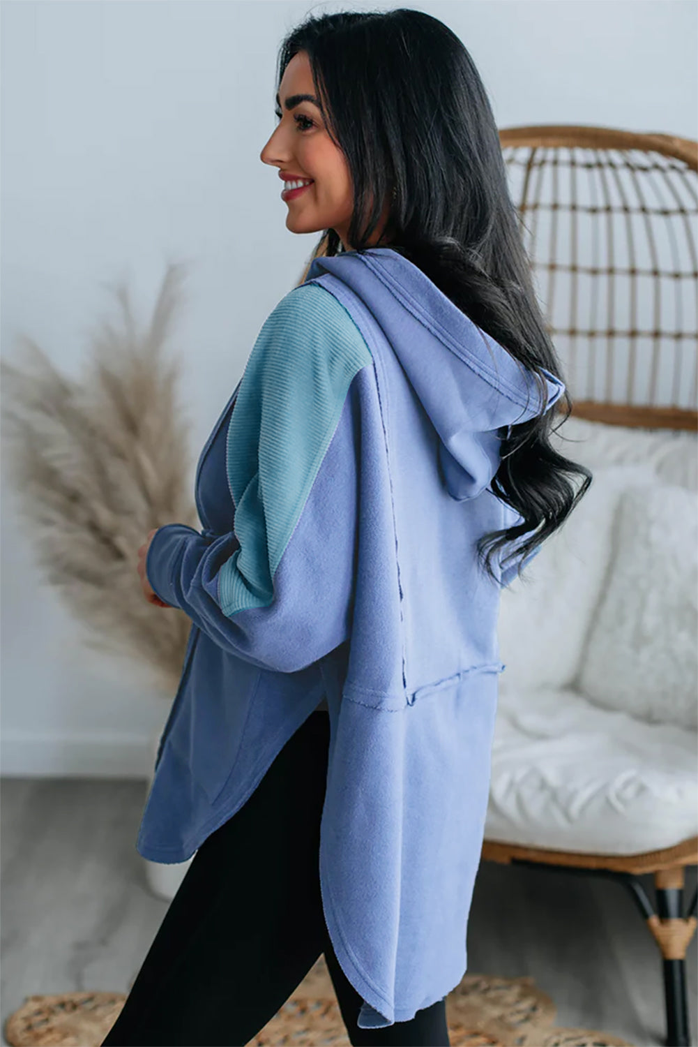 Grey Color Block Snap Button Exposed Seam Pullover Hoodie