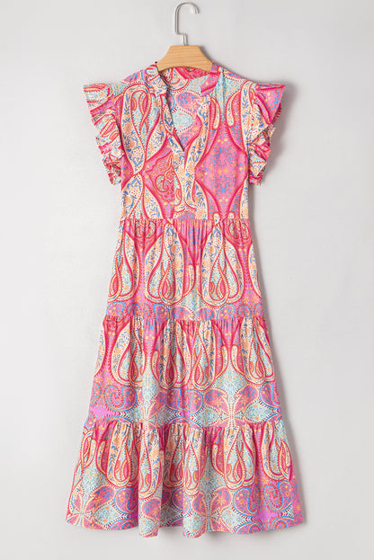 Rose Ethnic Paisley Print Ruffle Sleeve Notch Neck Midi Dress