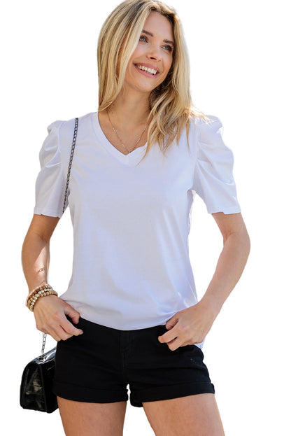 Puff Sleeve Casual V Neck T-Shirt