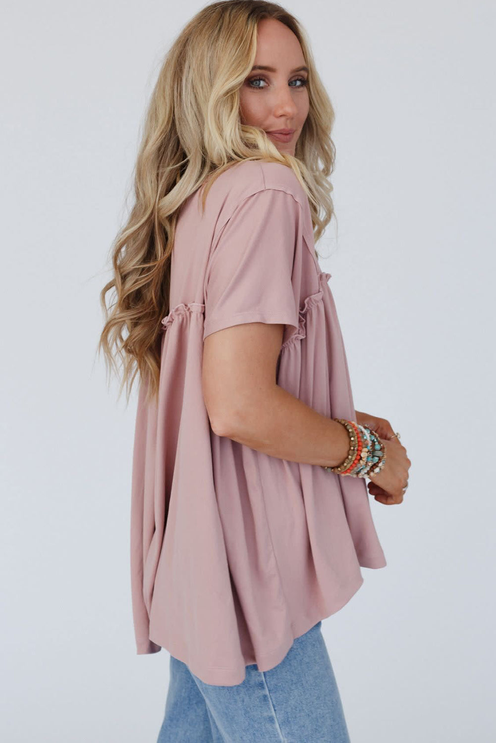 White Solid Color Frilled Loose Babydoll Blouse
