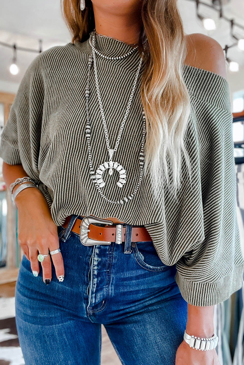 Apricot Boatneck Batwing Sleeve Cording Top