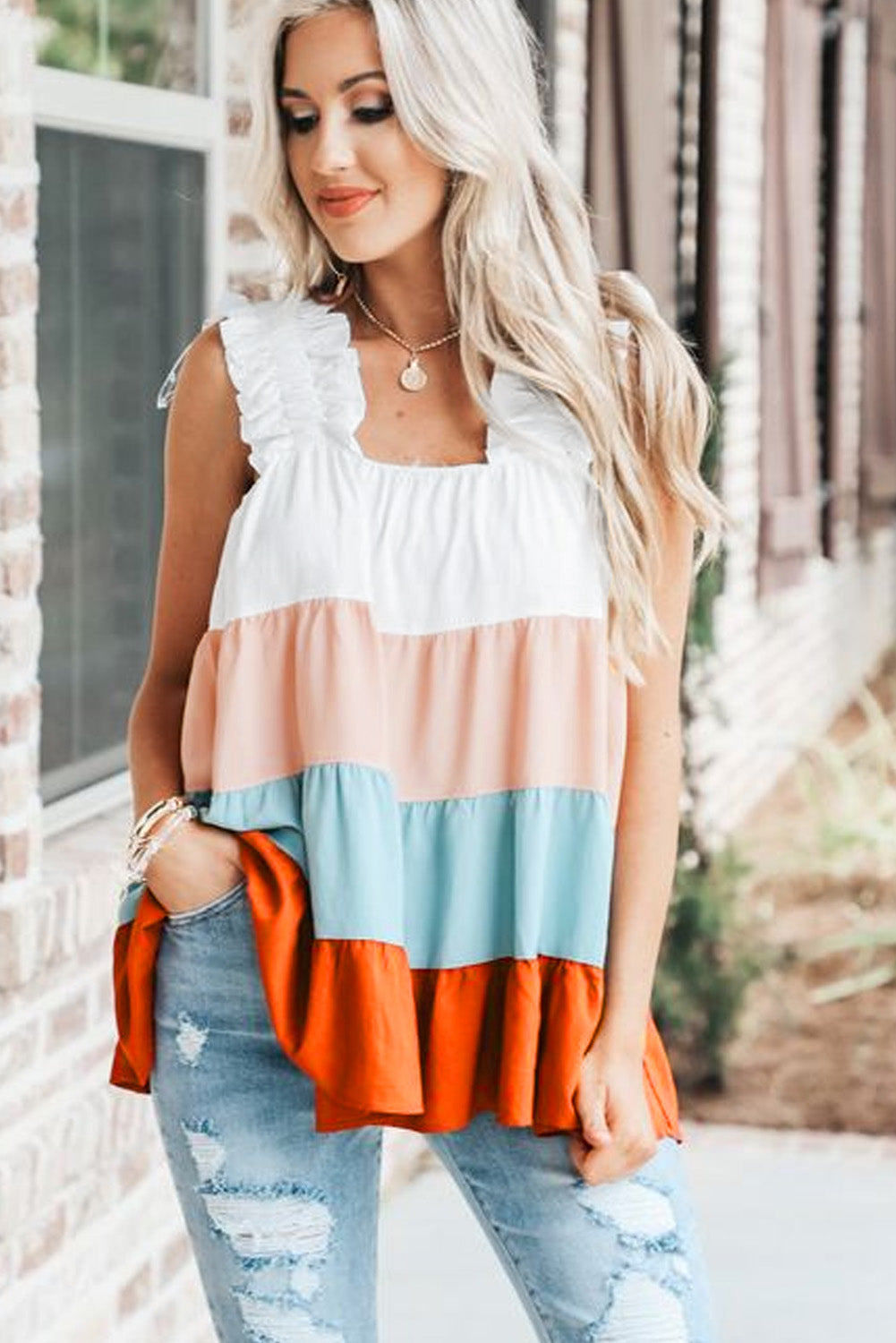 Multicolor Frill Tiered Colorblock Casual A-line Dress