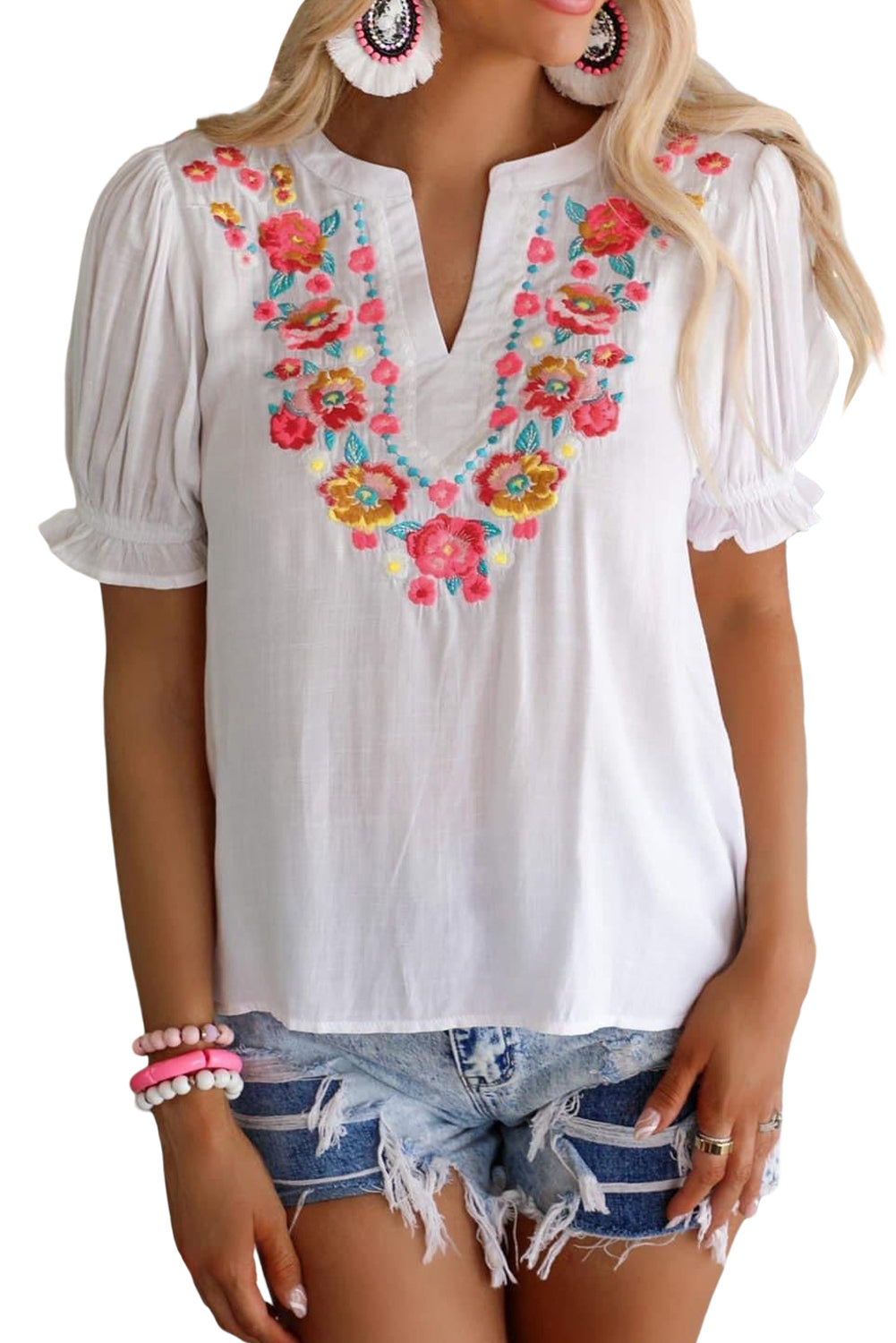 Floral Embroidered Boho Ruffle Puff Sleeve Blouse
