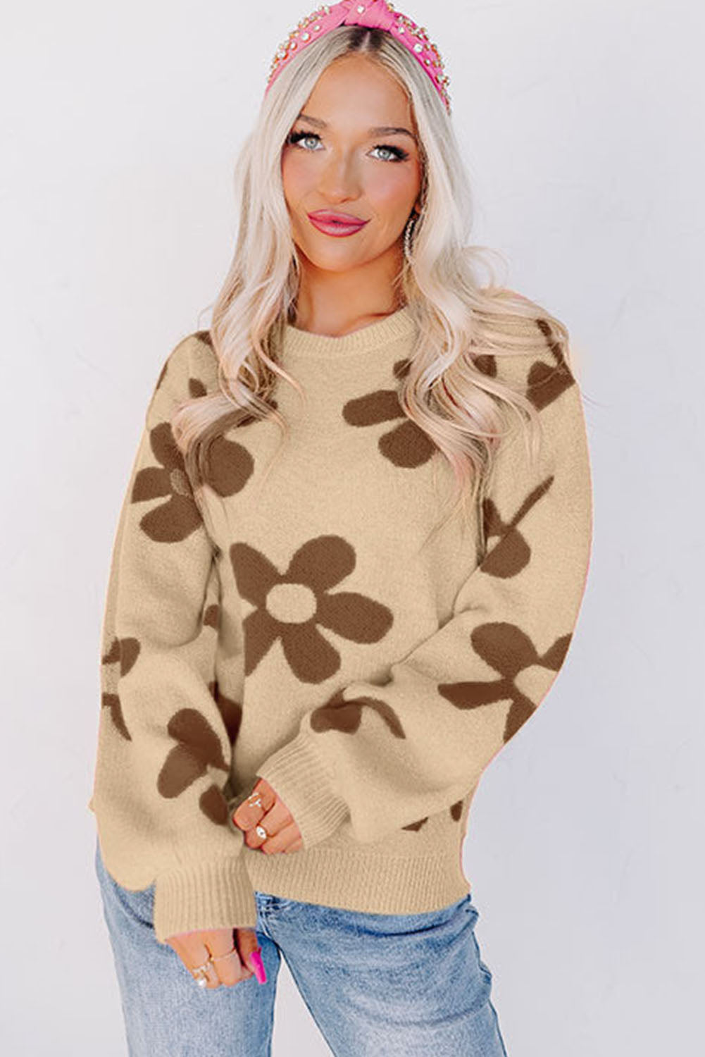 Floral Print Knitted Long Sleeve Pullover Sweater