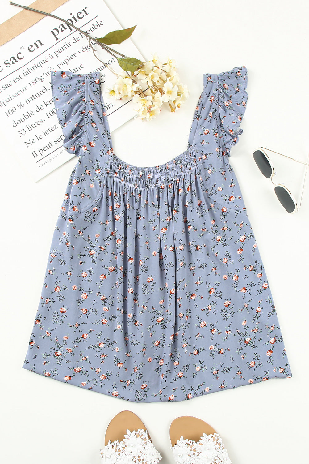 Floral Print Smocked Neck Flounce Sleeveless Shirt