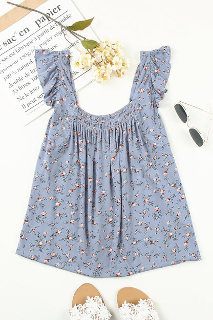 Floral Print Smocked Neck Flounce Sleeveless Shirt