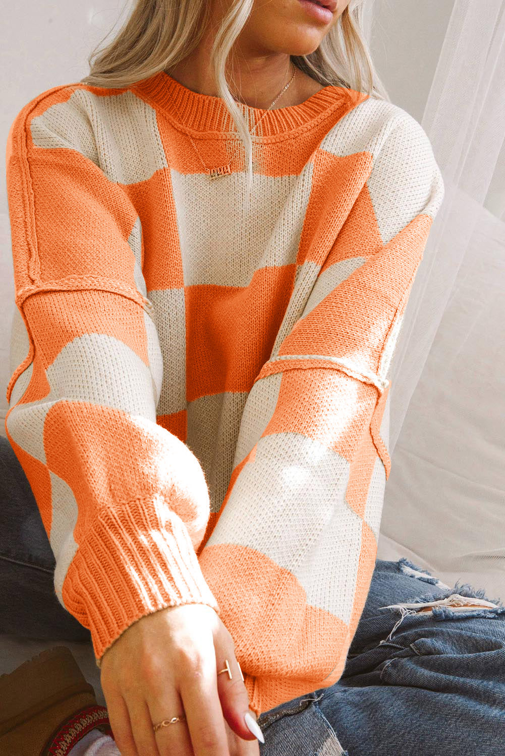 Orange & White Plaid Exposed Seam Bishop Sleeve Sweater