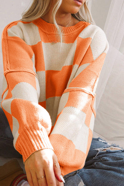 Orange & White Plaid Exposed Seam Bishop Sleeve Sweater