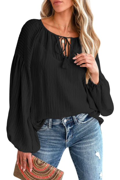 Brown Lantern Sleeve Tassel Drawstring Tie Blouse