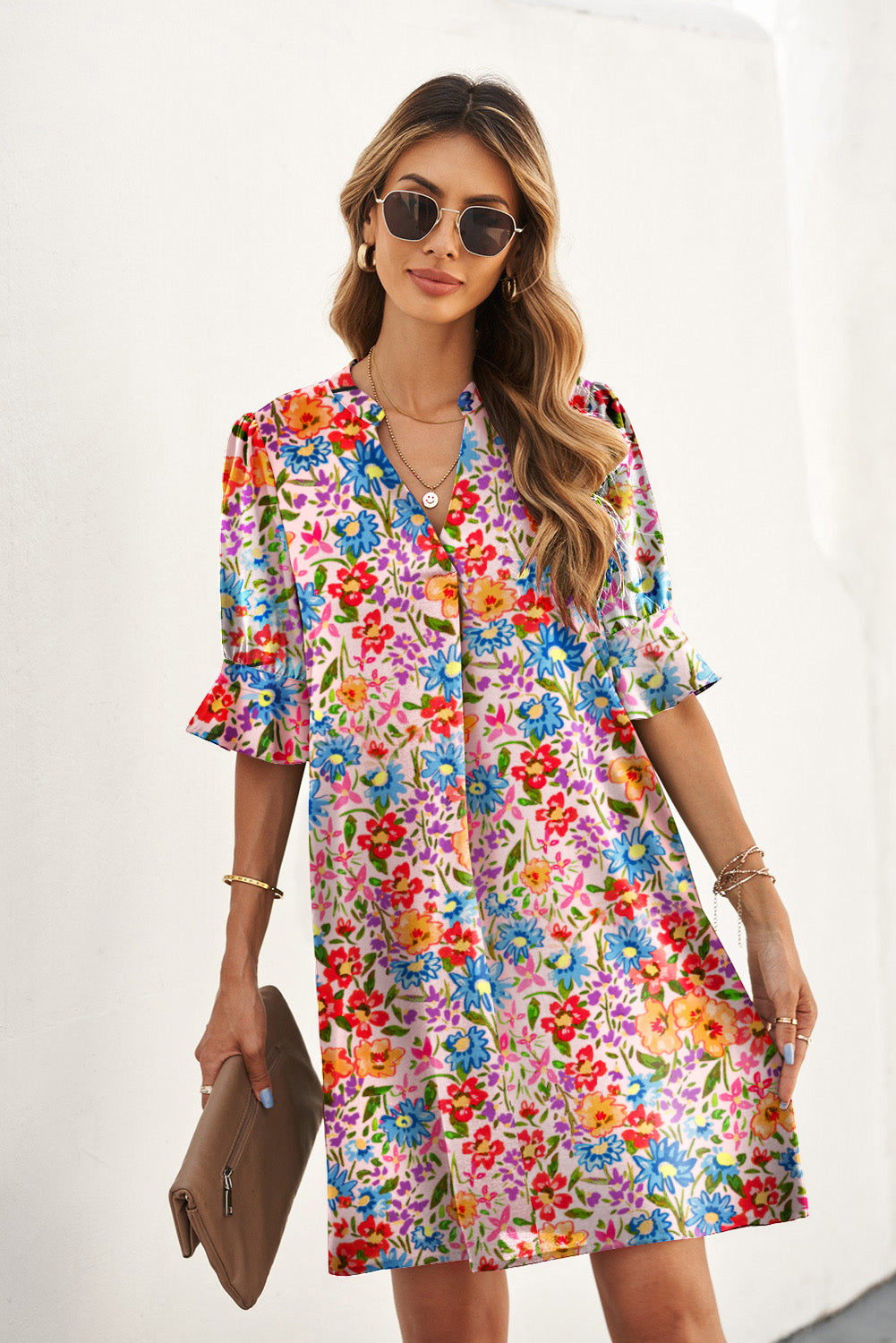 Multicolor Floral Print Smocked Cuffs Long Sleeve Blouse